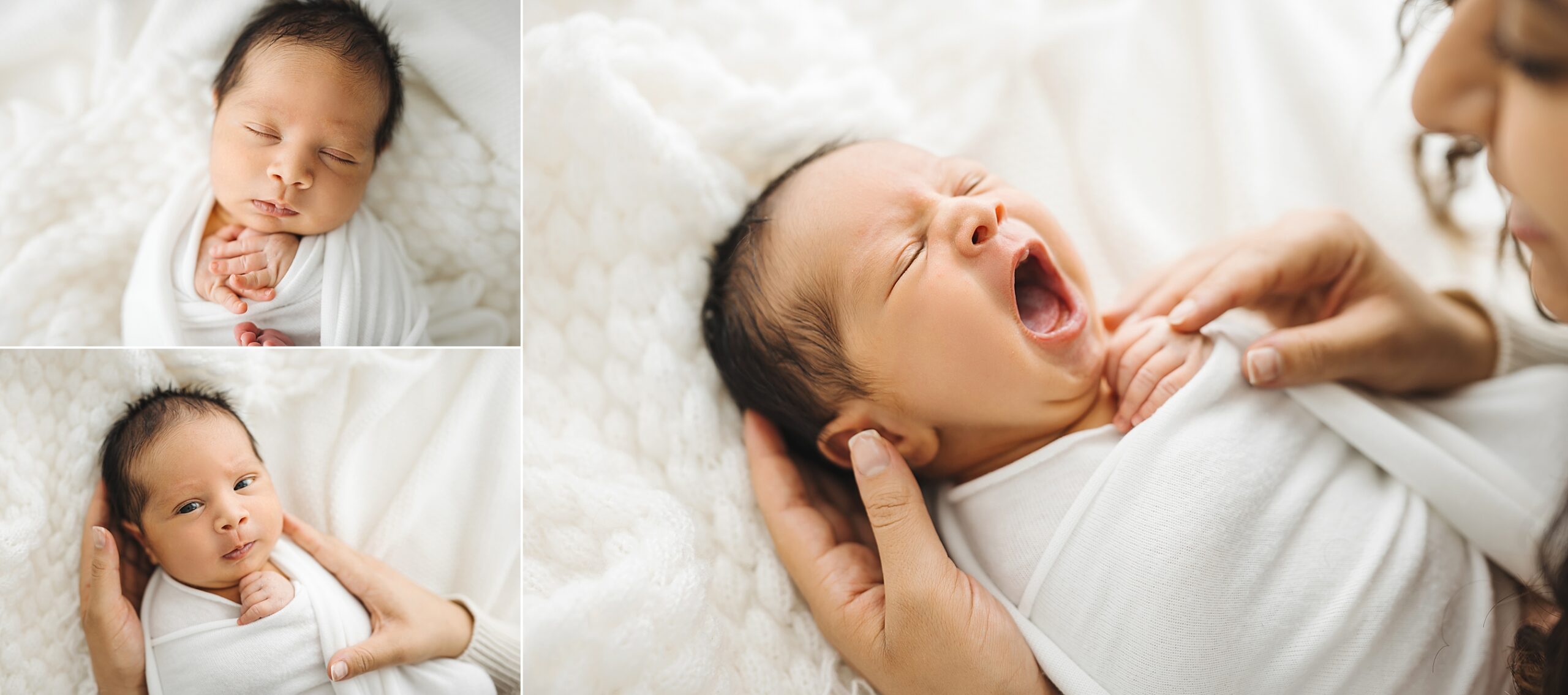 Newborn baby yawning in moms hands captured by Barrie Photographer